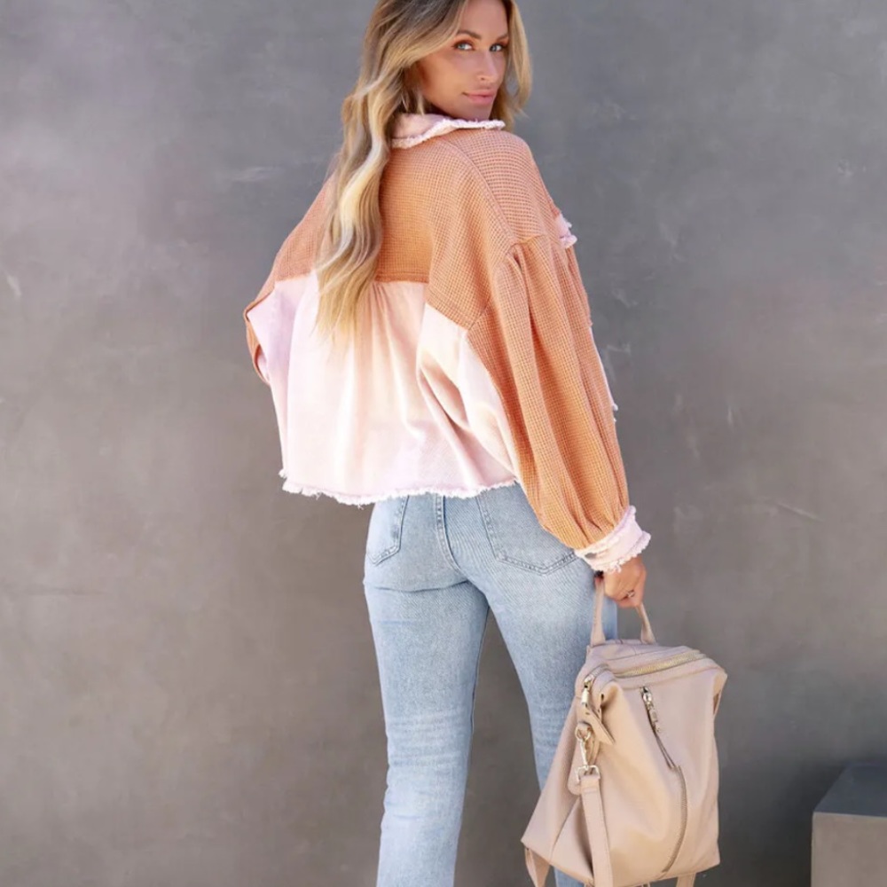 Vici Monica Cotton Waffle Knit Frayed Shacket • Pink Orange Combo - Picture 3 of 11